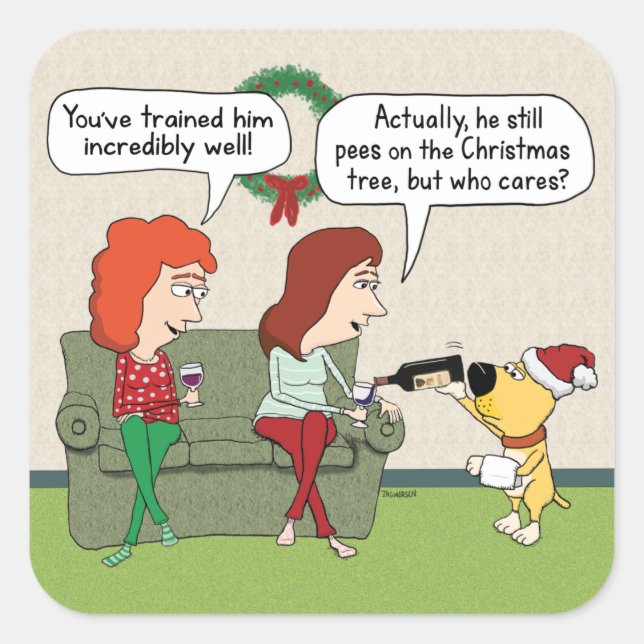 Adesivo Quadrado Cachorro giro e engraçado servindo vinho no Natal (Frente)