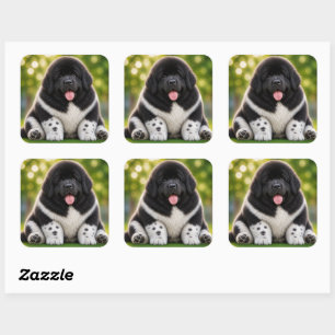 Adesivo Quadrado Cachorro gorducho preto e branco newfie landseer