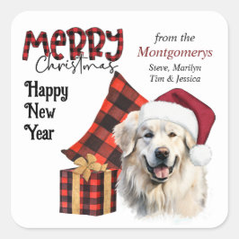 Adesivo Quadrado Cachorro Great Pyrenees com Chapéu de Papai Noel d
