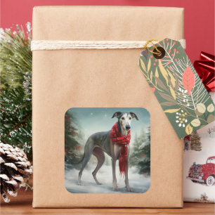 Adesivo Quadrado Cachorro Greyhound na Neve Natal
