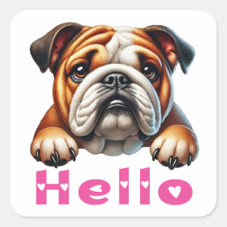 Adesivo Quadrado Cachorro Inglês Bulldog Fofo Olá 
