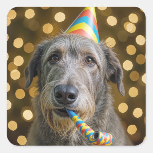 Adesivo Quadrado Cachorro Irish Wolfhound de Aniversário Com Chapéu
