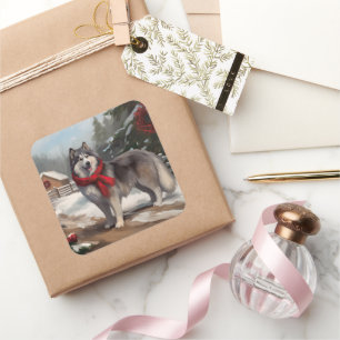 Adesivo Quadrado Cachorro Malamute do Alasca no Natal da Neve