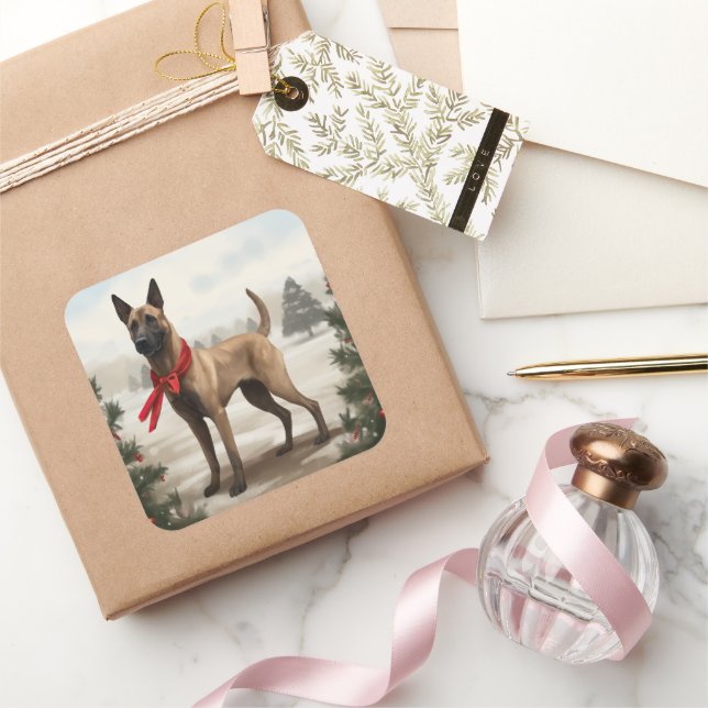 Adesivo Quadrado Cachorro Malinois belga no Natal da neve (Presentear)