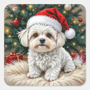Adesivo Quadrado Cachorro Maltês de Natal em um Travesseiro de pele