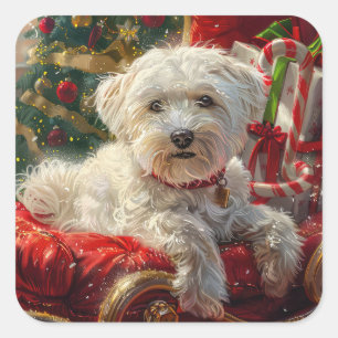 Adesivo Quadrado Cachorro Maltês Natal Festivo