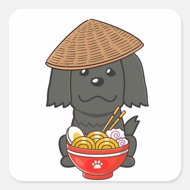 Adesivo Quadrado Cachorro negro engraçado está comendo macarrão (Frente)
