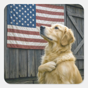 Adesivo Quadrado Cachorro Orgulhoso com Bandeira Americana