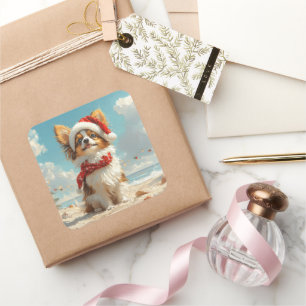 Adesivo Quadrado Cachorro Papillon Natal Vintage Praia