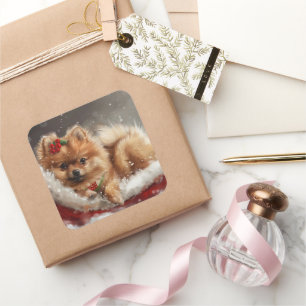 Adesivo Quadrado Cachorro Pomerânia Festivo de Natal
