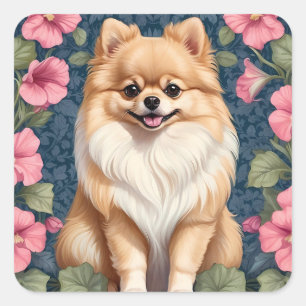 Adesivo Quadrado Cachorro Pomerano Cachorro Com Petunias Rosa