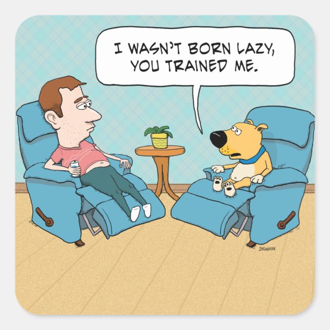 Adesivo Quadrado Cachorro Preguiçoso Engraçado na Cadeira (Frente)