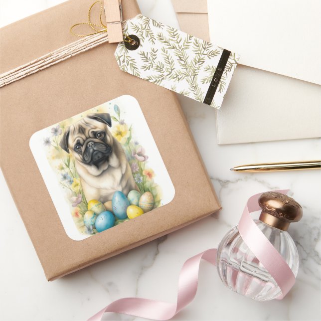 Adesivo Quadrado Cachorro Pug com Ovos de Páscoa Feriado  (Presentear)