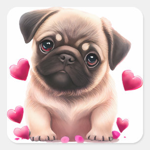 Adesivo Quadrado Cachorro Pug Fofo no Dia dos Namorados