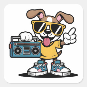 Adesivo Quadrado Cachorro Retro Hip Hop: Cachorrinho Cartoon Legal