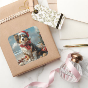 Adesivo Quadrado Cachorro Rough Collie Natal Praia Vintage