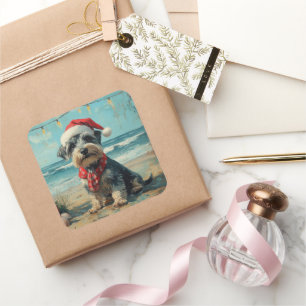 Adesivo Quadrado Cachorro Schnauzer Natal Vintage Praia