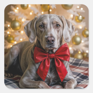 Adesivo Quadrado Cachorro Weimaraner de Natal Com Laço Vermelho