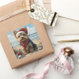 Adesivo Quadrado Cachorro Yorkshire Terrier Natal Vintage Praia