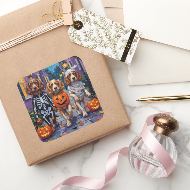 Adesivo Quadrado Cachorros do Cocker Spaniel Trick ou Tratando no H (Presentear)