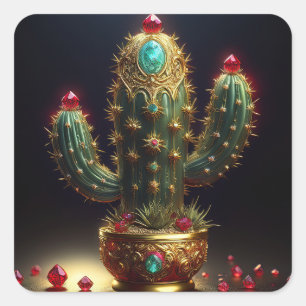Adesivo Quadrado Cacto Saguaro Dourado Com Rubis Embutidos