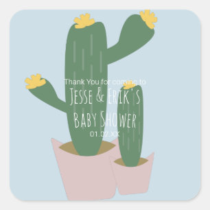 Adesivo Quadrado Cactus Cupcakes Baby Shower Agradecimento Azul