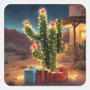 Adesivo Quadrado Cactus De Natal Com Presentes Em Frente A Uma Casa