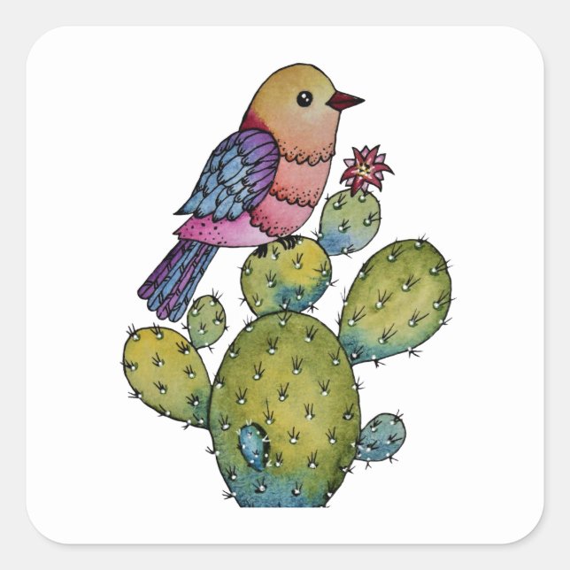 Adesivo Quadrado Cactus E Ave Arco-Íris Em Aquarela (Frente)