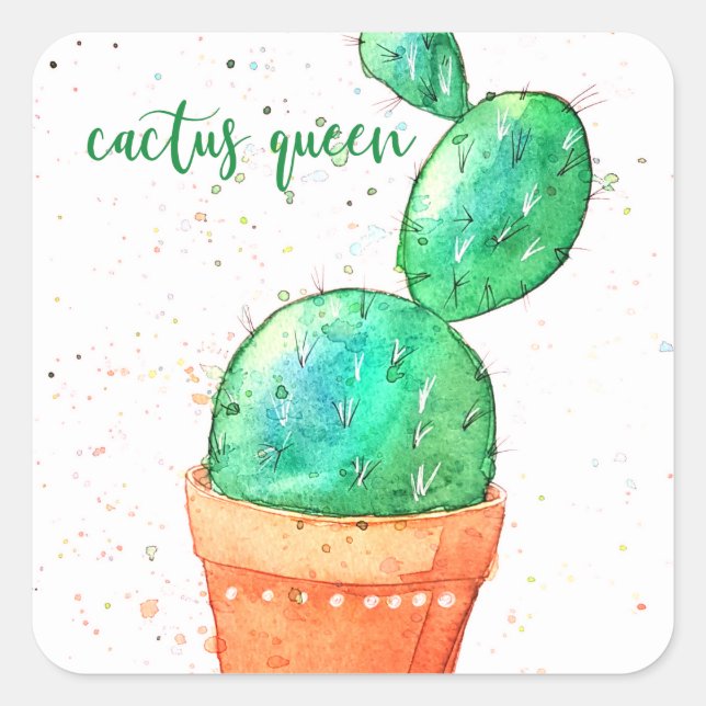 Adesivo Quadrado Cactus Queen Watercolor (Frente)