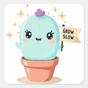 Adesivo Quadrado Cactus StickerCrescer Lentamente - Plano de Pastel