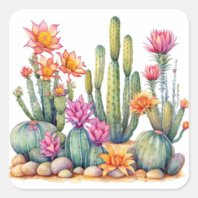 Adesivo Quadrado Cactus Succulent Botanical Watercolor Painting (Frente)