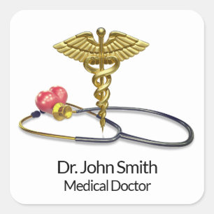 Adesivo Quadrado Caduceu de Ouro & Estetoscópio com Coração Médico