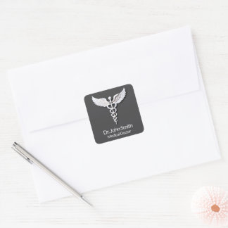 Adesivo Quadrado Caduceu Médico Branco Limpo Detalado Antracito