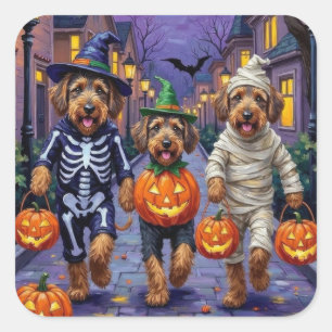 Adesivo Quadrado Cães Airedale Terrier fazendo Trick-or-Treating no