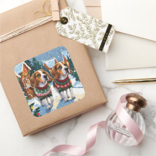 Adesivo Quadrado Cães Beagle Natal Neve Férias