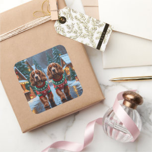 Adesivo Quadrado Cães Cocker Spaniel Natal Neve Férias