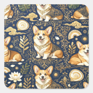 Adesivo Quadrado Cães Corgi Elegantes Padrão Damasco Dourado Azul N