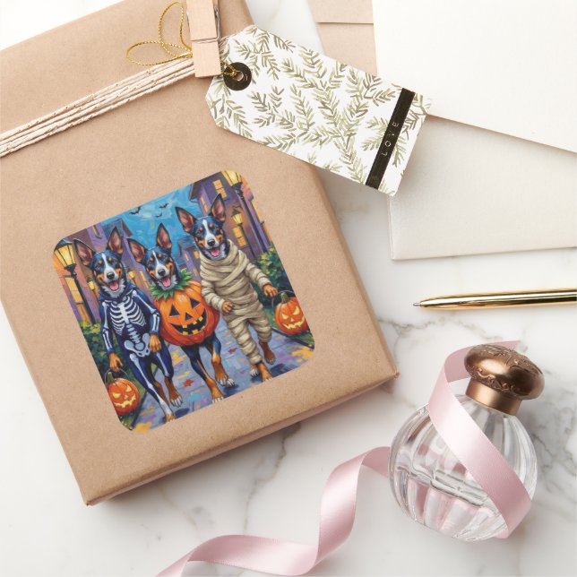 Adesivo Quadrado Cães de Alheimer Azuis Trick-or-Tratating in Hallo (Presentear)