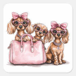 Adesivo Quadrado Cães de Dachshund Fashionáveis, Bolsa Rosa