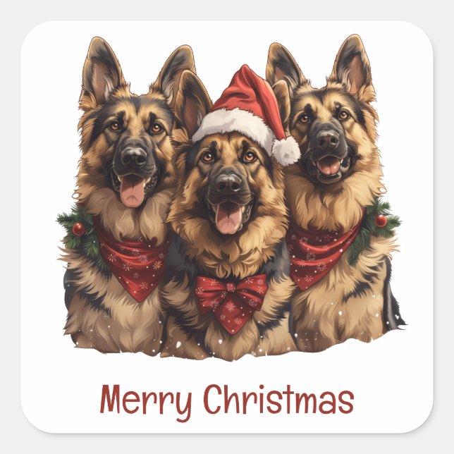 Adesivo Quadrado Cães de German shepherd Feliz de Natal (Frente)