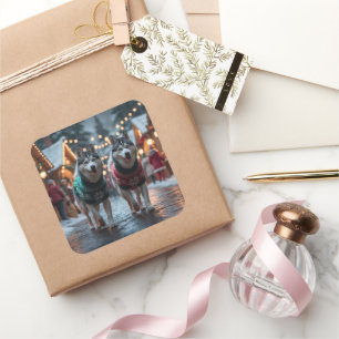 Adesivo Quadrado Cães Husky Siberiano Natal Neve Feriado 