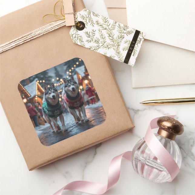 Adesivo Quadrado Cães Husky Siberiano Natal Neve Feriado  (Presentear)