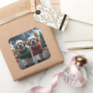 Adesivo Quadrado Cães Lhasa Apso Natal Neve Férias