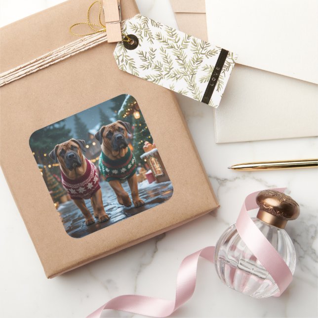 Adesivo Quadrado Cães Mastim Tibetano Natal Neve Férias (Presentear)