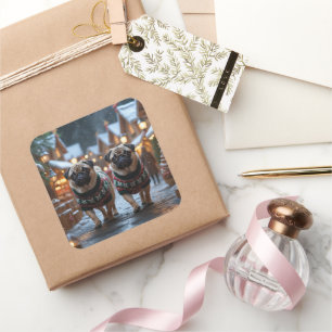 Adesivo Quadrado Cães Pug Natal Neve Feriado