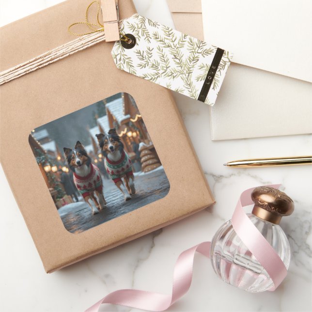 Adesivo Quadrado Cães Rough Collie Natal Neve Férias (Presentear)