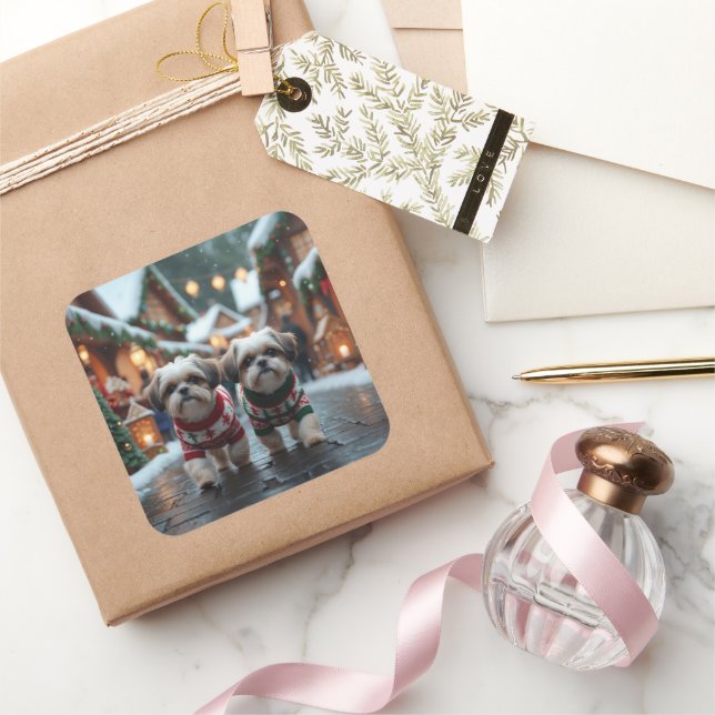 Adesivo Quadrado Cães Shih Tzu Natal Neve Férias (Presentear)