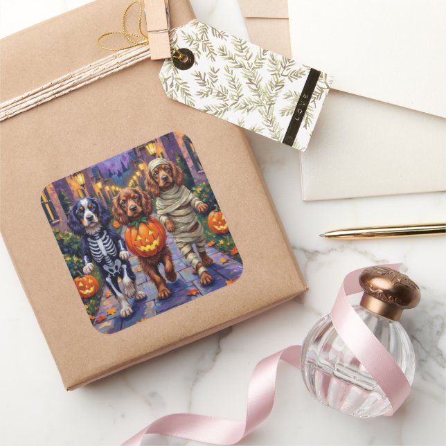 Adesivo Quadrado Cães Sussex Spaniel em Fantasias de Halloween (Presentear)