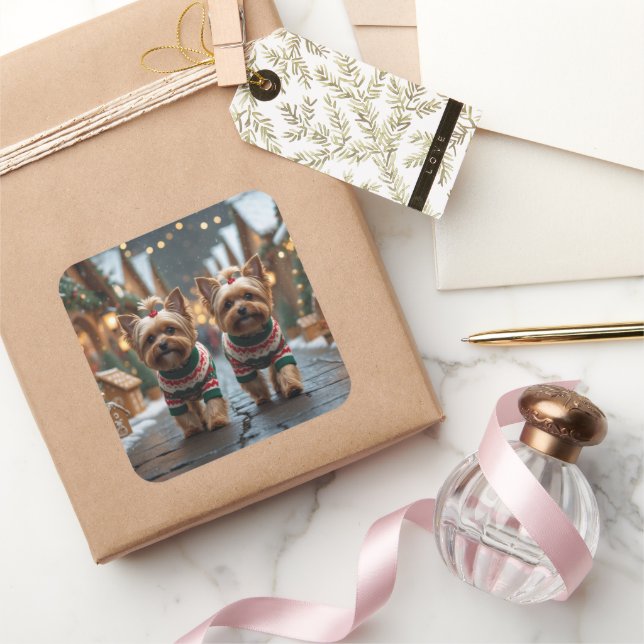 Adesivo Quadrado Cães Yorkipoo Natal Neve Feriado (Presentear)