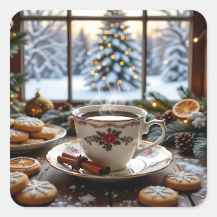 Adesivo Quadrado Café de Natal e Bolachas Cena de inverno